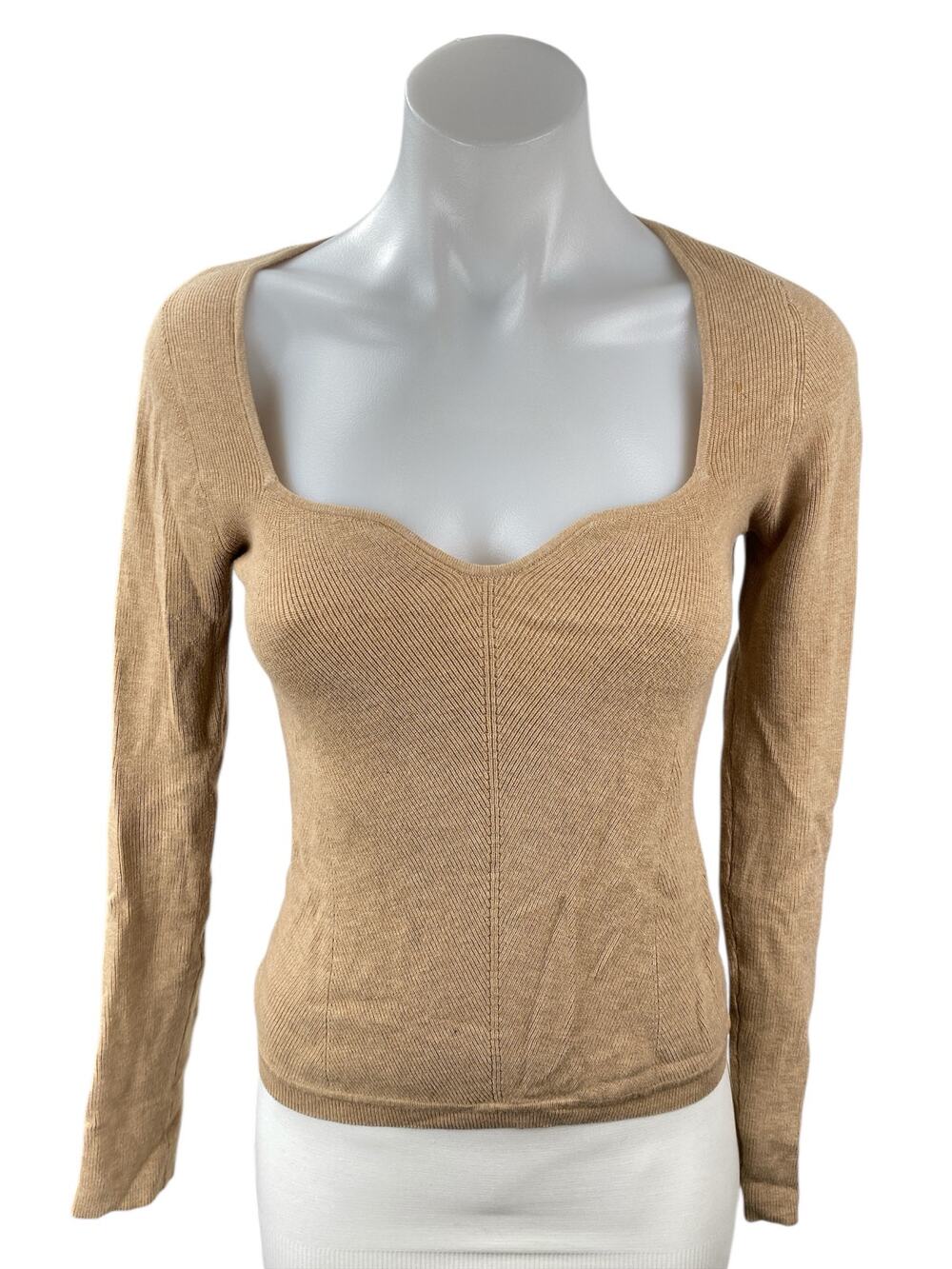 Aritzia Wilfred Womens Tan Ribbed Knit Sweetheart Long Sleeve Sweater Top Size M